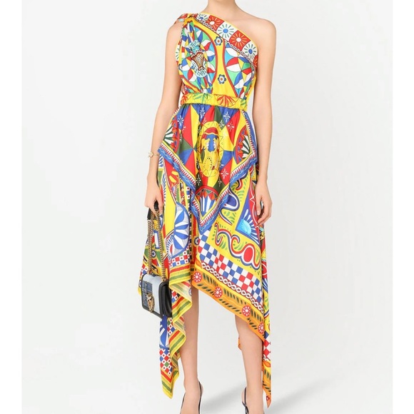Dolce & GabbanaCarretto-print one-shoulder silk dress
